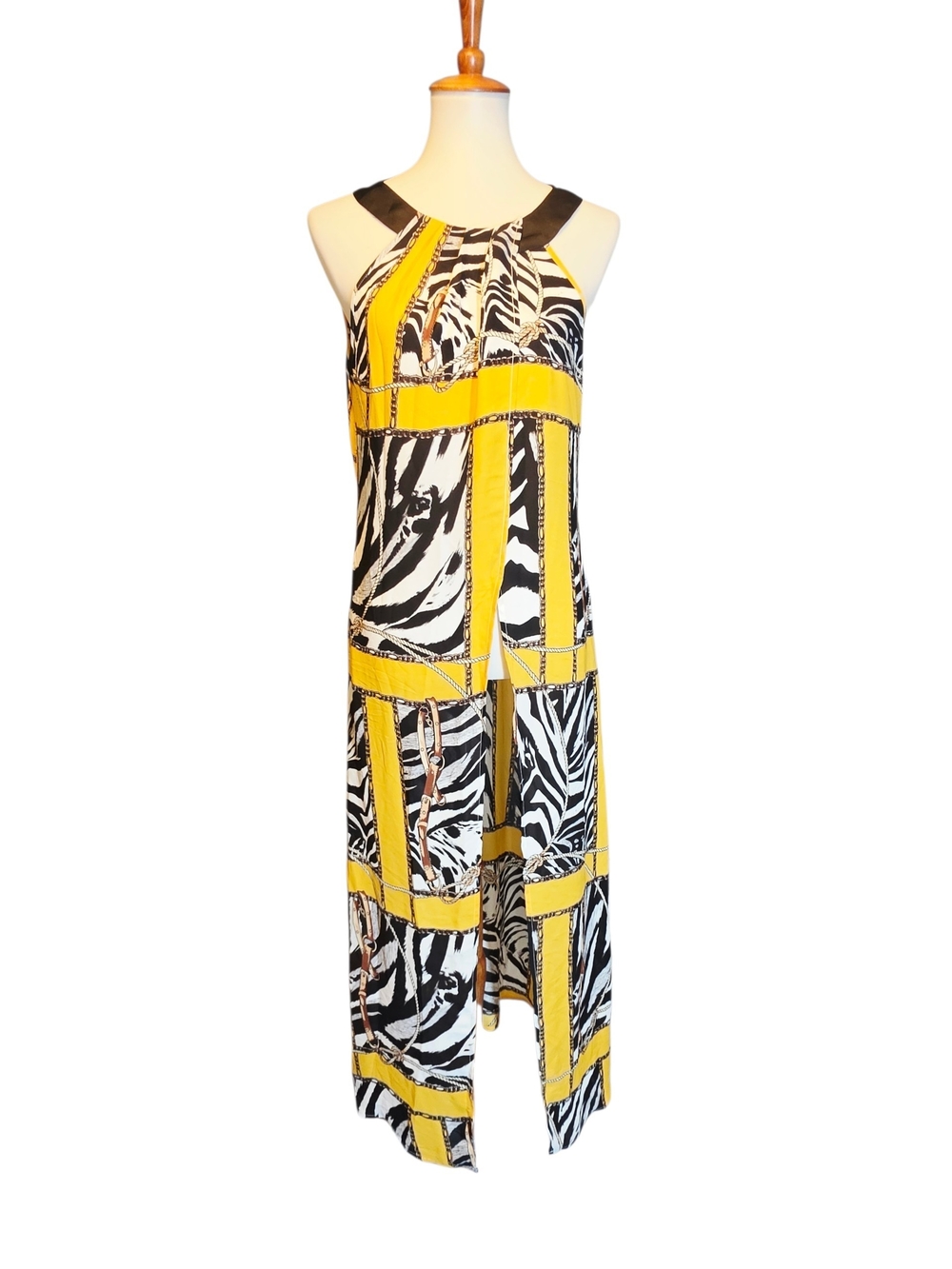 New York & Company Yellow Black White Zebra Print Midi Dress
